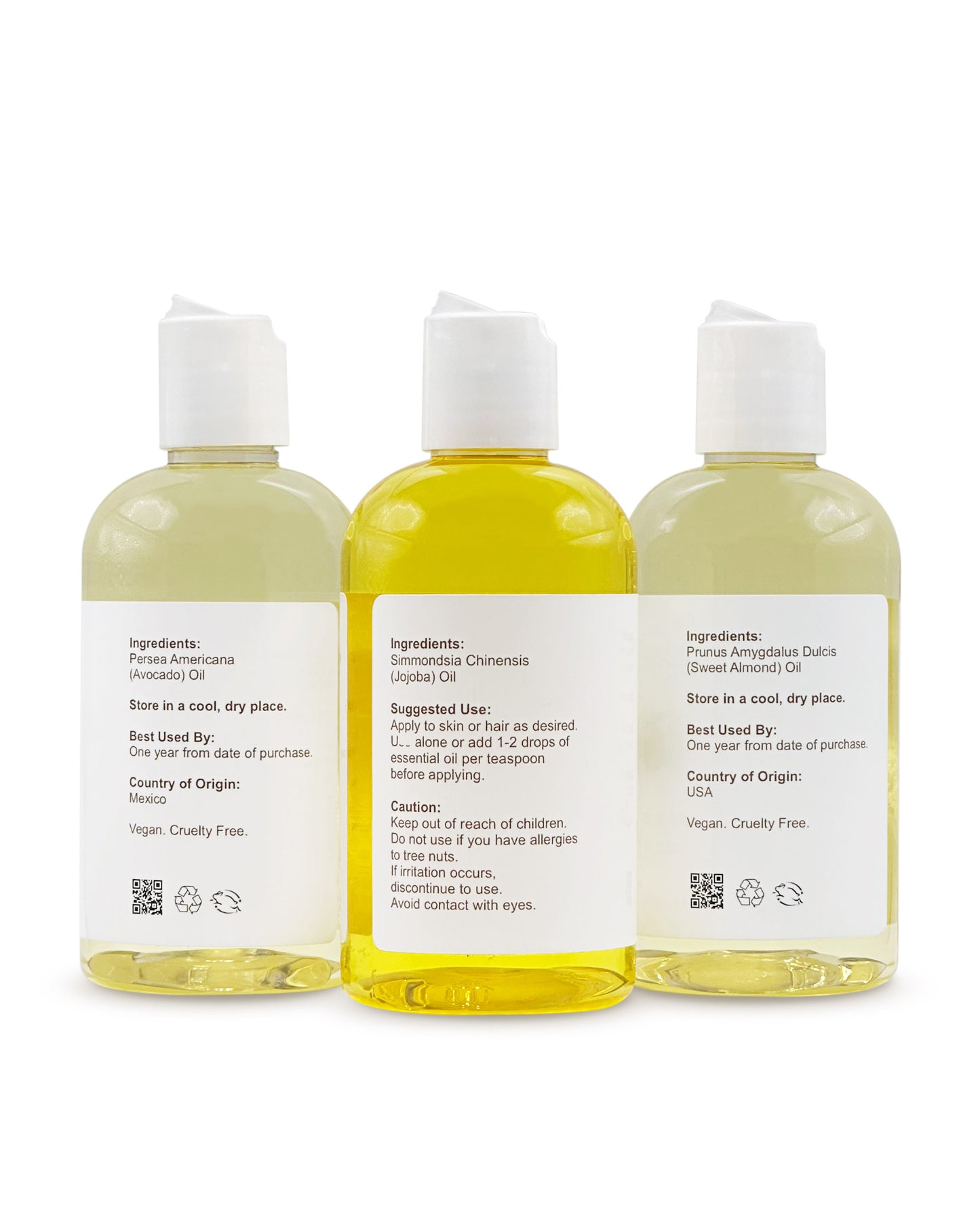 Moisturizing Oils Set: Golden Jojoba Oil, Sweet Almond Oil, Avocado Oil - 8 fl oz